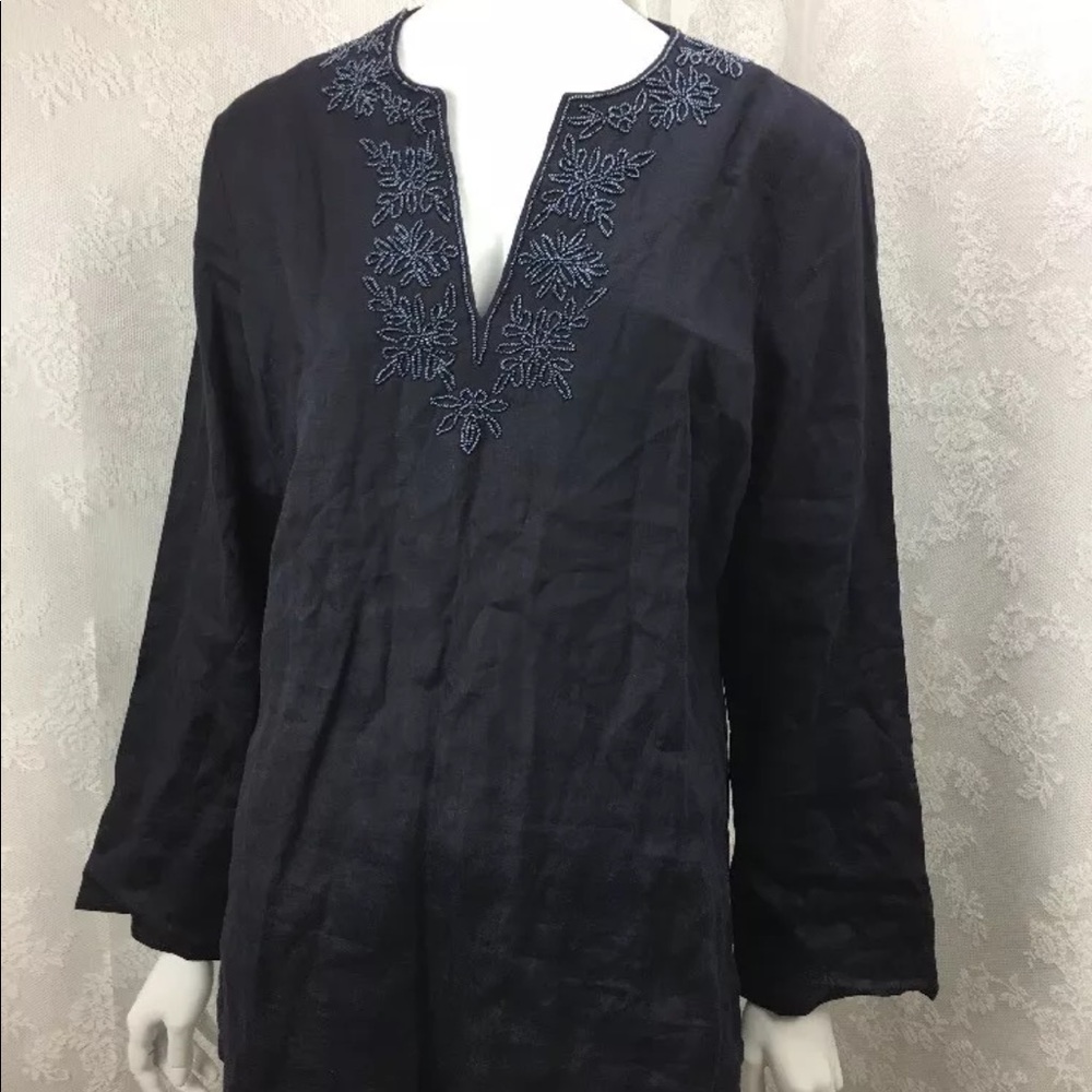 Lands End Blouse 100% Linen Navy Blue Beaded H